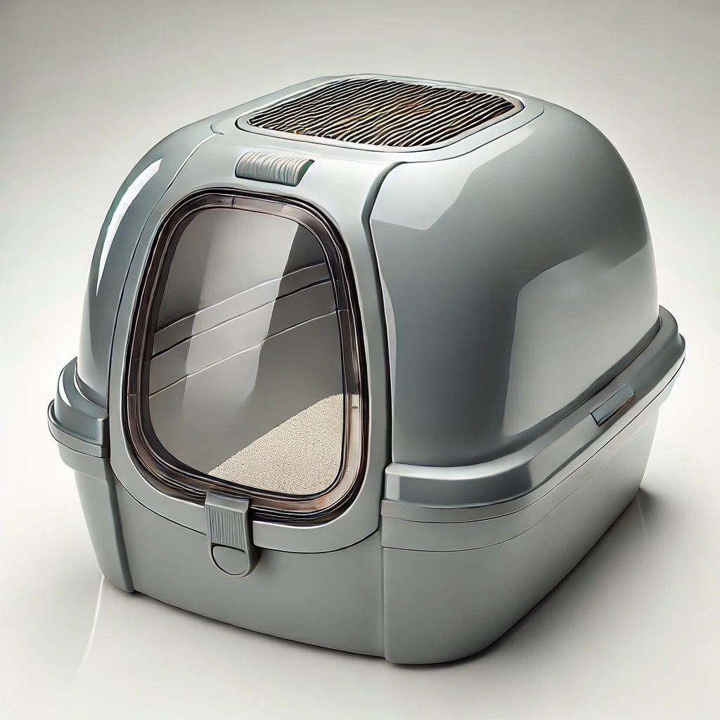 Illustration of a sleek gray hooded cat litter box with a tinted swing door