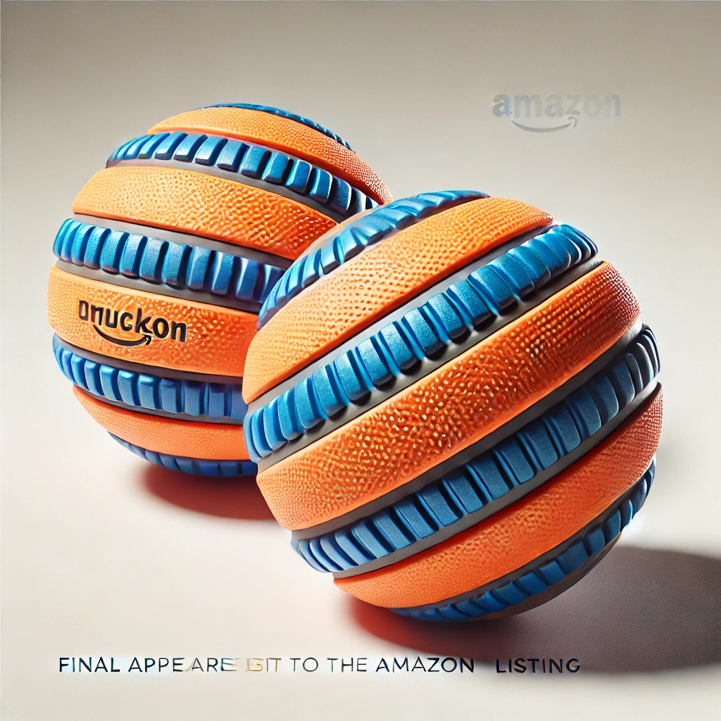 Illustration of two orange and blue rubber fetch balls