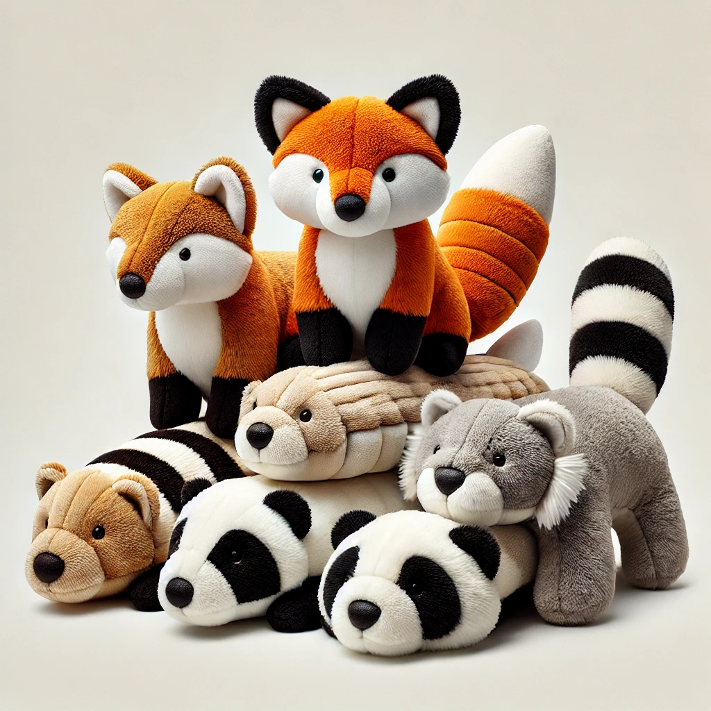 Illustration of five stuffing-free woodland squeaky dog toys