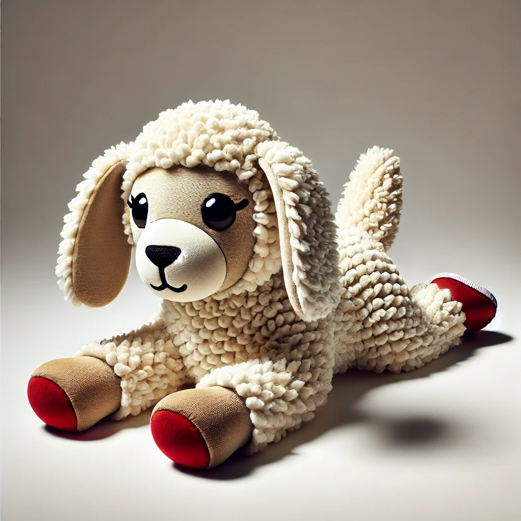 Illustration of a lamb plush dog toy with red booties