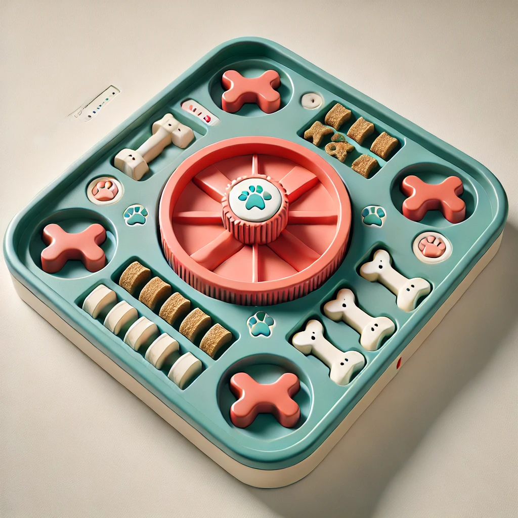 Illustration of a teal and coral multi-layer dog treat puzzle board