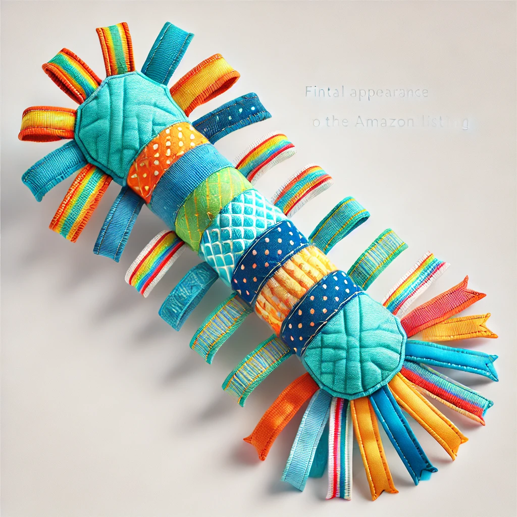 Illustration of a rainbow fabric puppy teething stick with ribbon tassels