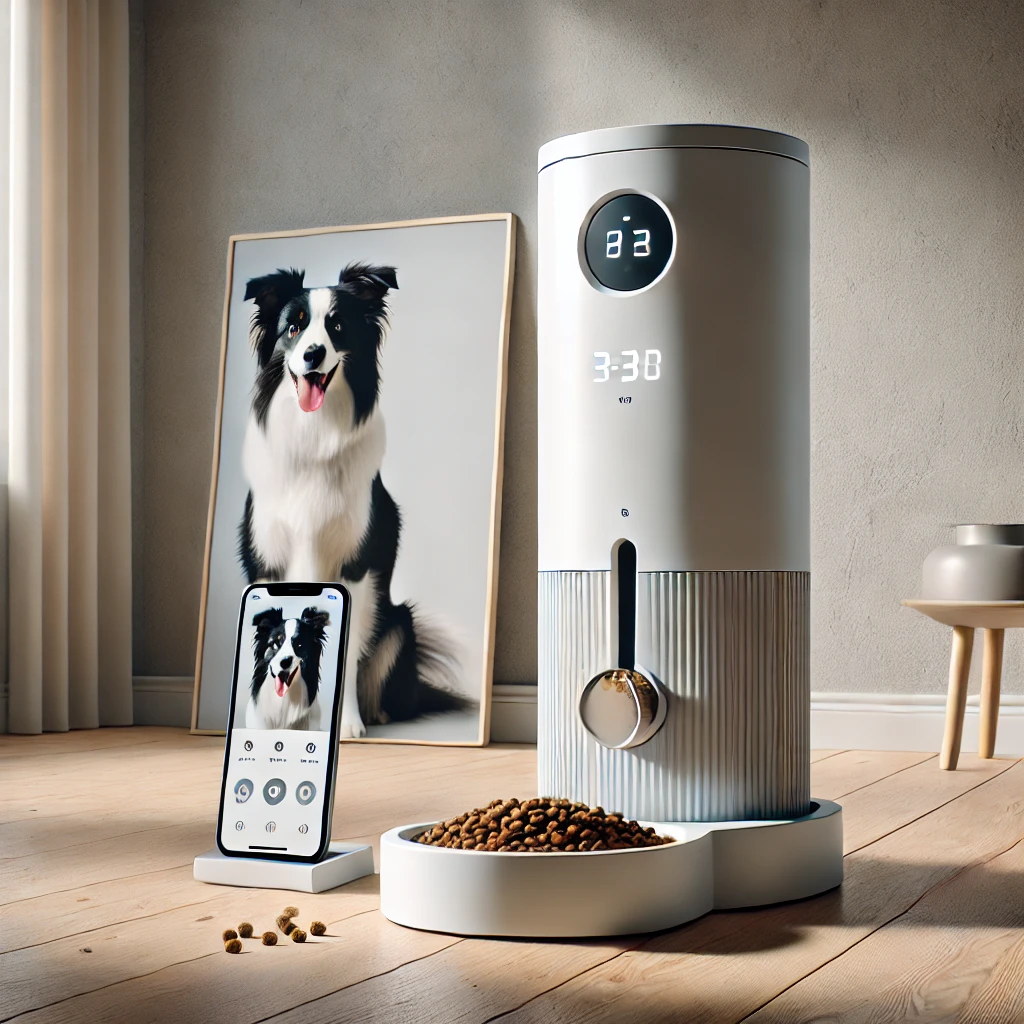 Illustrated WOPET automatic dog feeder with app view and kibble bowl